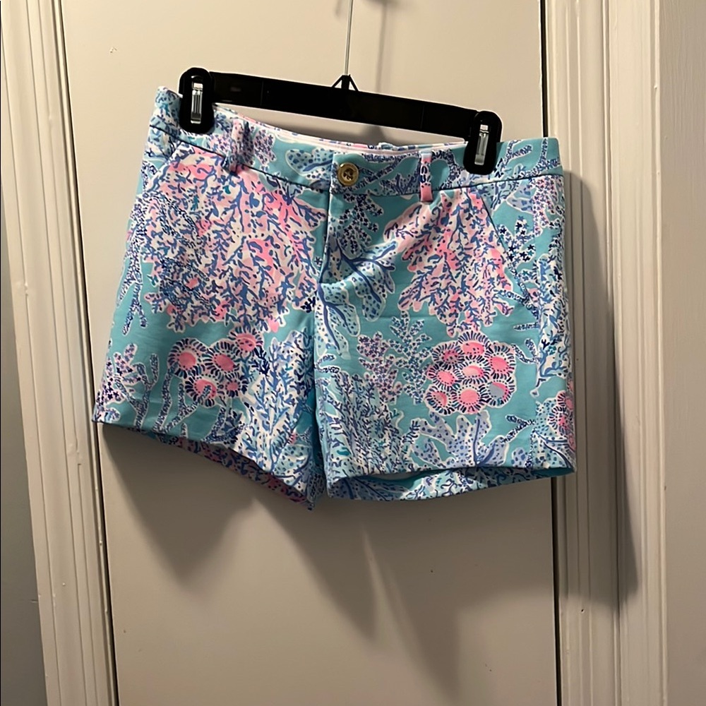 Lilly Pulitzer Blue and Pink Bermuda Shorts Vibrant Tropical Print